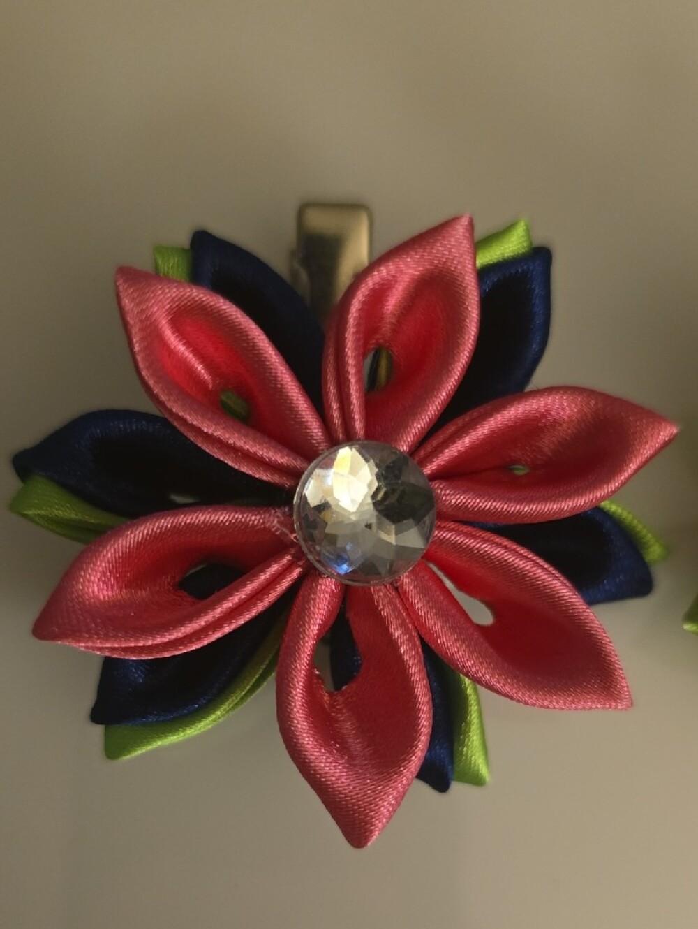 Handmade Pink Navy Green Floral Satin Hair Clips with Crystal Accent - Picture 2 of 5